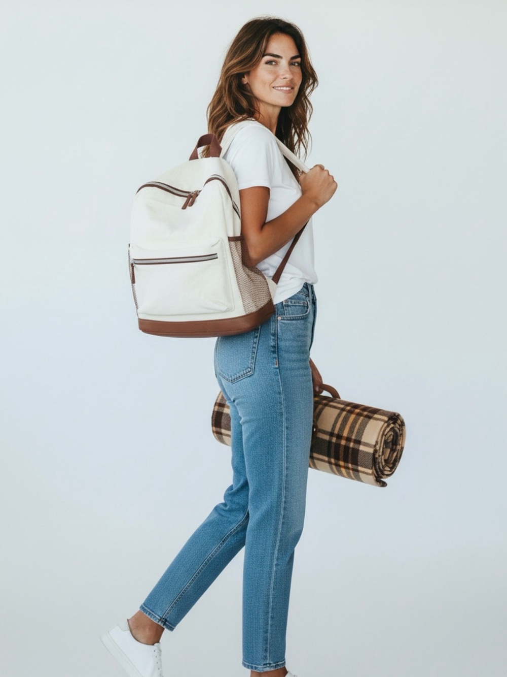 Canvas & faux Leather Trim White cooler Backpack -